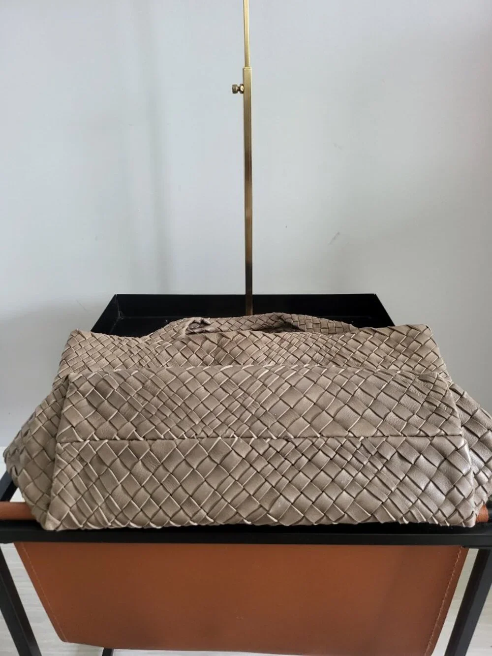 Taupe woven leather handbag